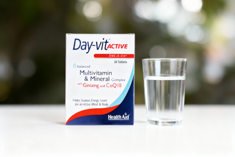 زمان مصرف قرص دی ویت اکتیو با لیوان آب روی سطح سفید